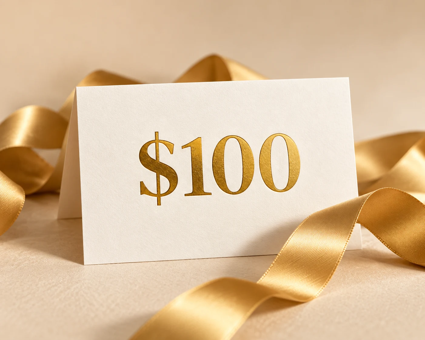A card displaying $100 with a gold ribbon
