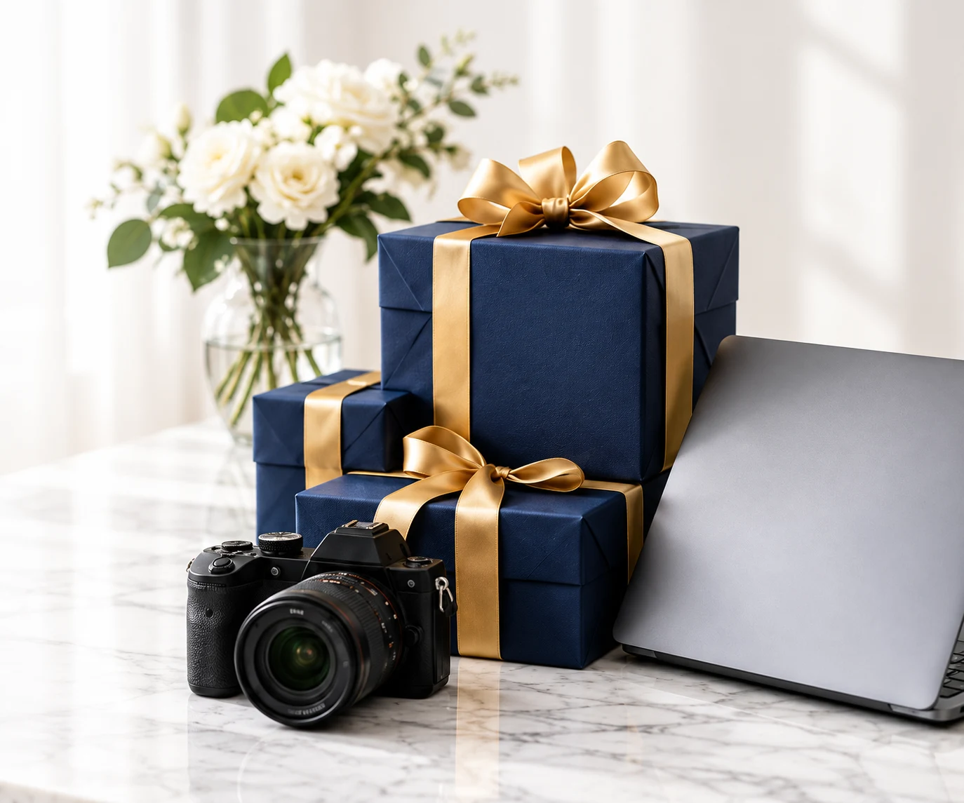 Navy gift boxes with gold ribbons, a camera, and a laptop on a bright studio table